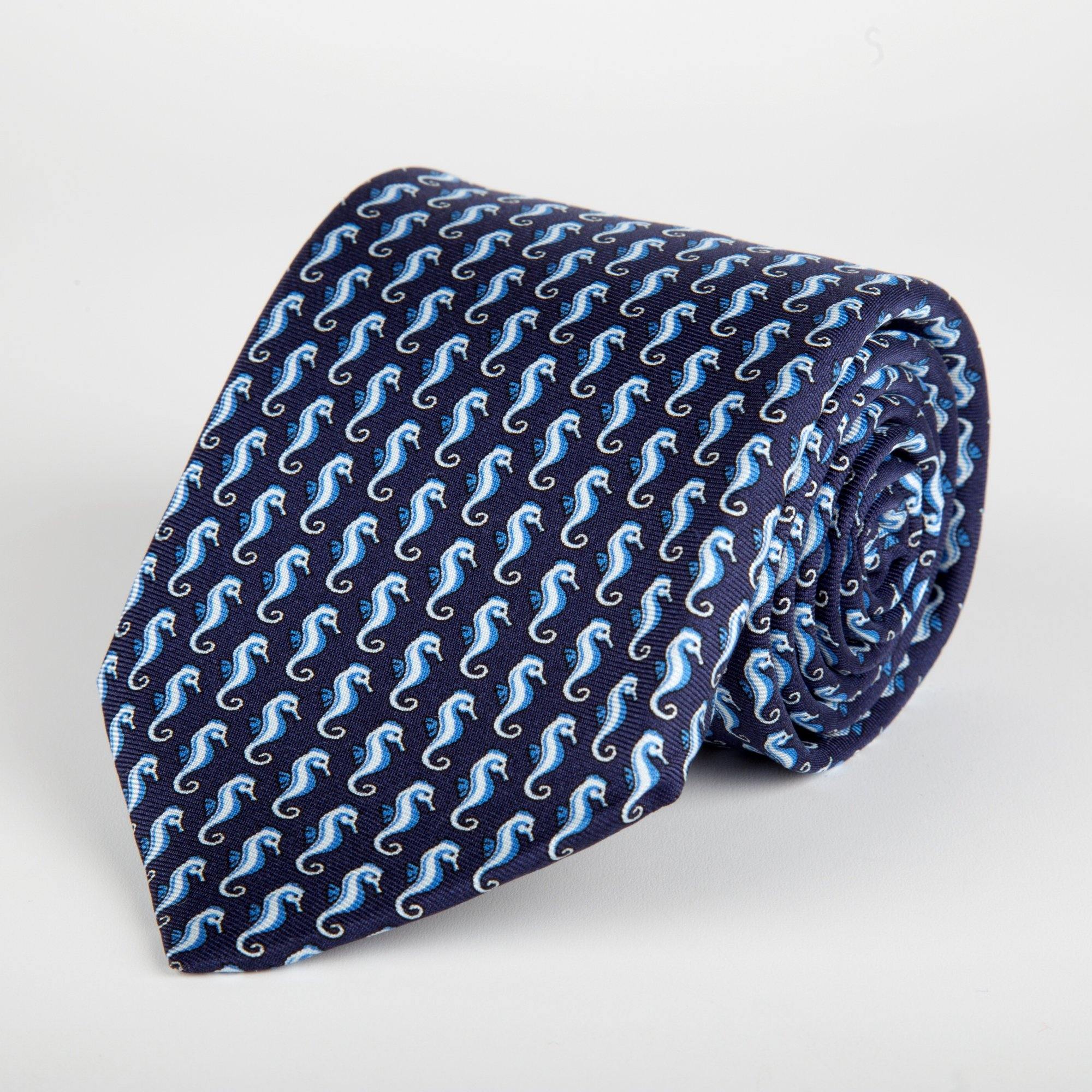 Seahorse Printed - Barnaby – Hand Outlet Silks Navy British Finished Tie Made Silk