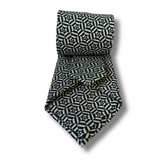 Navy & White Geometric Printed Silk Tie Hand Finished