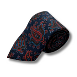 Navy & Red Paisley Screen Printed Silk Tie