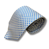 White & Blue Spotted Woven Silk Tie Hand Finished