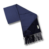 Navy & White Silk Scarf with Navy Tassels Hand Knotted