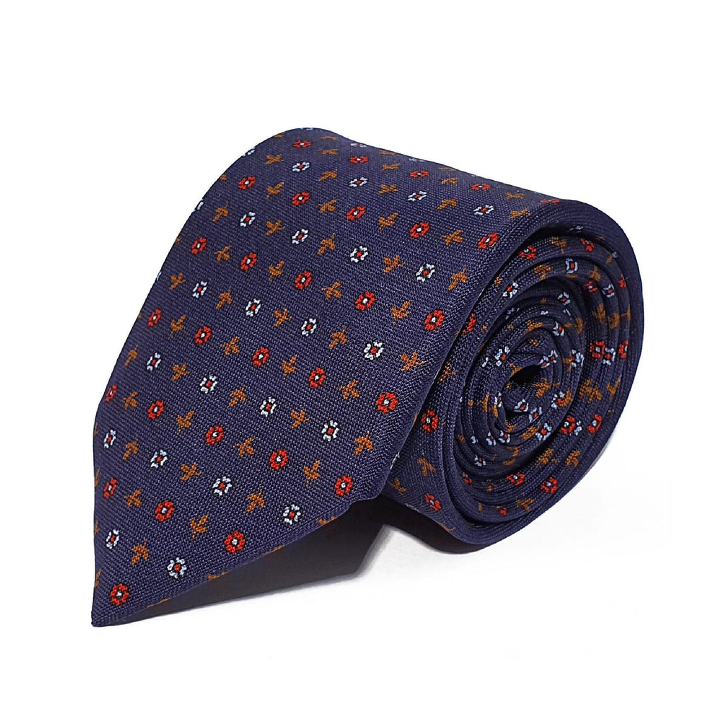 Navy Leaves & Flower Woven Silk Tie Hand Finished - British Made ...
